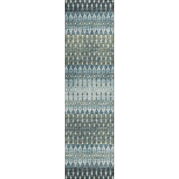 Bravado Blue 2 ft. 3 in. x 7 ft. 6 in. Geometric Indoor/Outdoor Washable Area Rug