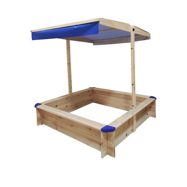 Tunearary 45.3 in. x 45.3 in. Natural Sand Pit for Kids Wood Playset with Retractable Canopy Cover