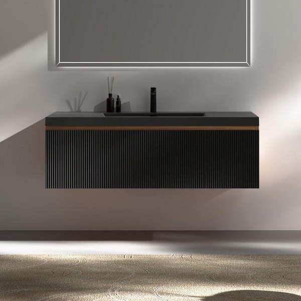 48 in. W Single Sink Walnut Black Floating Bath Vanity with Matte Black Quartz Sand Top