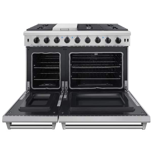 Pre-Converted Propane 48 in. 6.8 cu. ft. Double Oven Gas Range in Stainless Steel with Griddle and 6-Burners