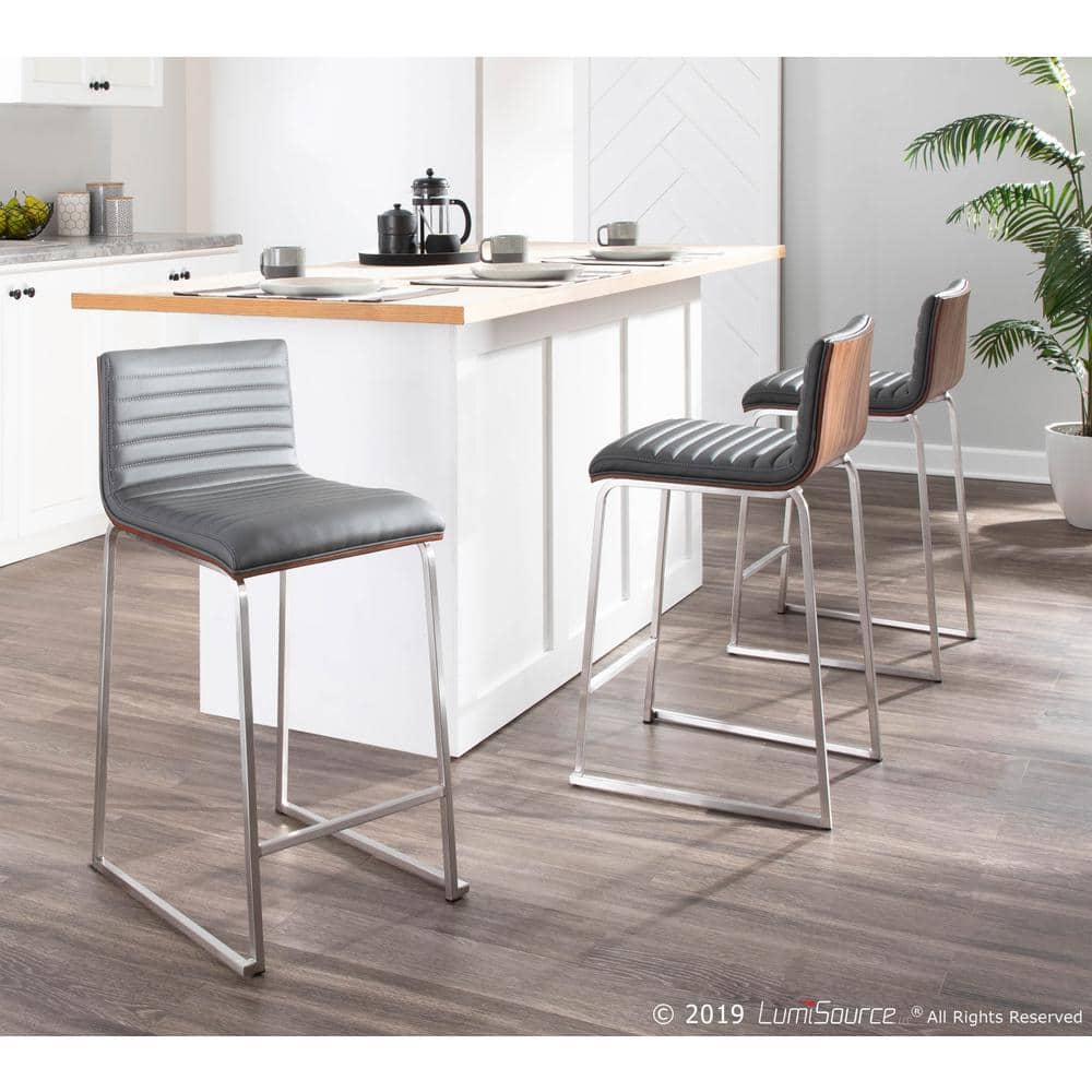 Contemporary Gray Faux Leather and Wood Metal Counter Stool