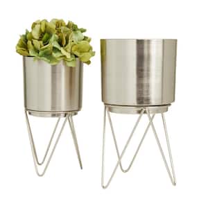 12 in., and 11 in. Medium Silver Metal Planter with Removable Stand (2- Pack)