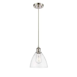 Bristol Glass 1-Light Brushed Satin Nickel Clear Shaded Pendant Light with Clear Glass Shade