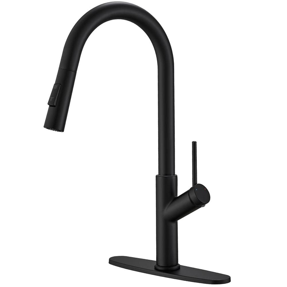 Single Handle Pull-Down Sprayer Kitchen Faucet with Deck Plate in Matte Bla