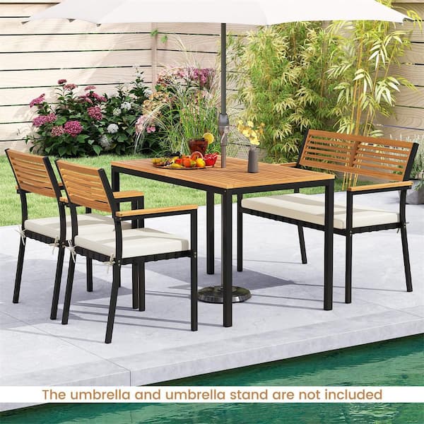 4 Piece Wood Rectangle Patio Outdoor Dining Table Set Table with Off White Cushions, Loveseat and 2 Stackable Chairs