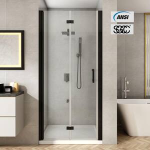 36 to 37-3/8 in. W x 72 in. H Bi-Fold Frameless Shower Doors in Black with Clear Glass