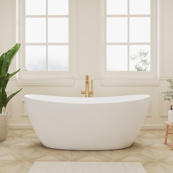 65 in. x 33 in. Solid Surface Freestanding Soaking Bathtub Stone Resin Tub in White