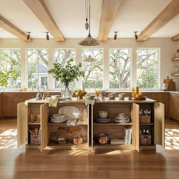 Natural Wood 110.2 in. Kitchen Island with Curved Side Panel, Storage Cabinets, Large Island Surface for Kitchen