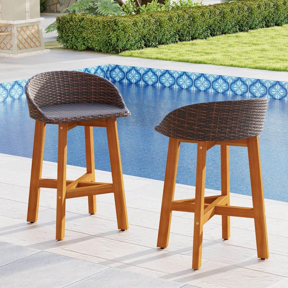 Outdoor Faux Rattan Bar Chairs Set of 2 Solid Acacia Wood Bar Stools for Porch Brown price history on PriceWatchPro