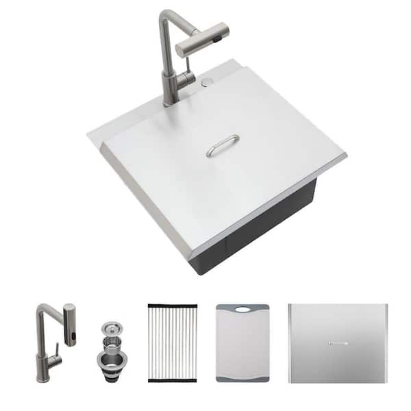 21 in. Drop-In Single Bowl 16 Gauge Brushed Nickel Stainless Steel Kitchen Sink with Pull-Down Faucet