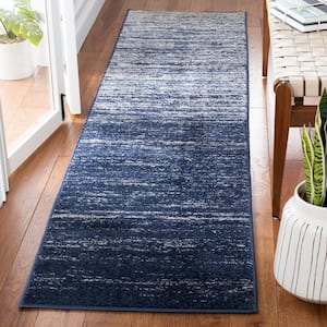 Adirondack Navy/Gray 3 ft. x 16 ft. Solid Color Striped Runner Rug