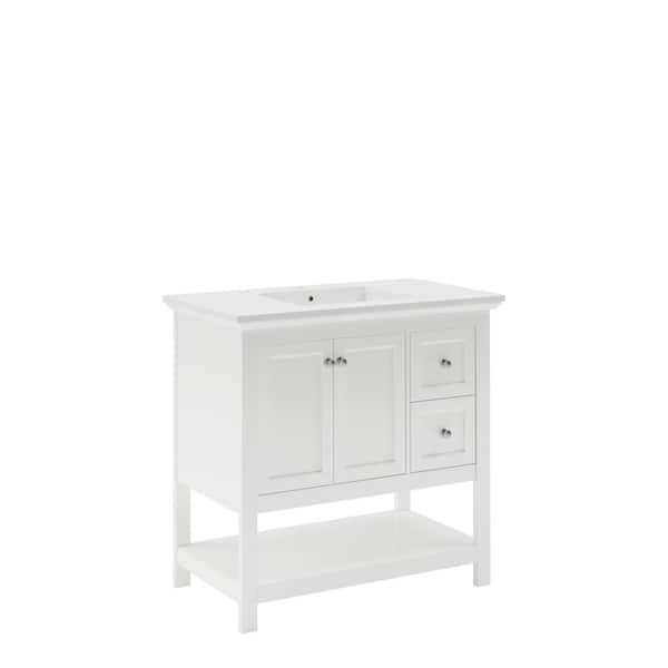 Manchester 36 in. Single Sink Shaker-Style White Wood Bath Vanity with White Quartz Top and Integrated Sink