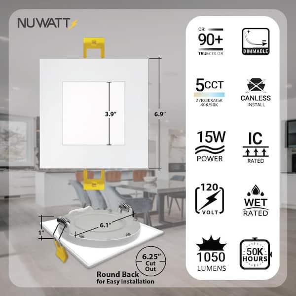 6 in. White Square Slim Canless Integrated LED Recessed Light Kit 5 Color Selectable 2700K to 5000K Dimmable (6-Pack)