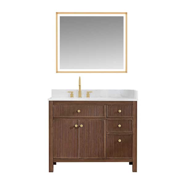 Cerrito 42 in. Single Freestanding Brown Brushed Oak Bath Vanity with Grain White Engineered Stone Top Assembled, Mirror