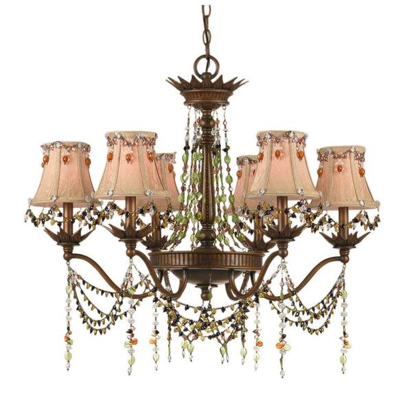 AF Lighting Tiera 6-Light Burnished Gold Chandelier with Multi-Colored Bead Accents and Beaded Shades