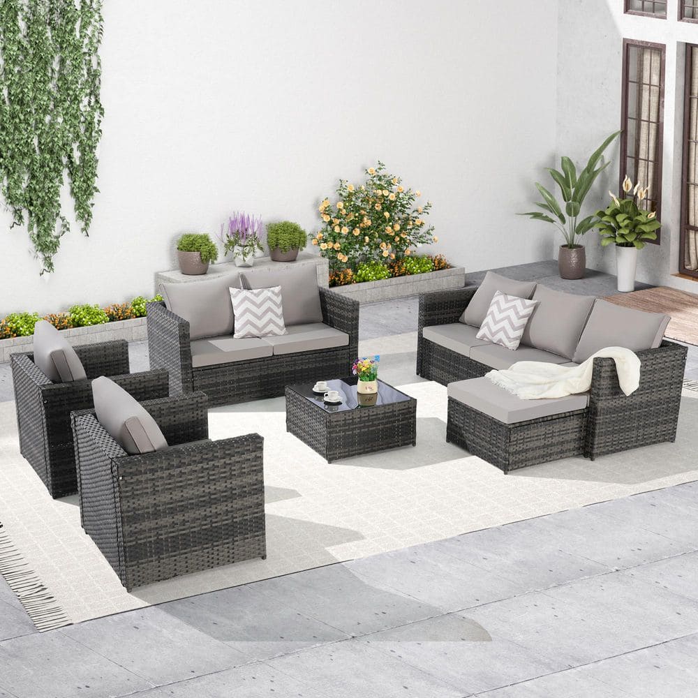 5-Piece Wicker Outdoor Sectional Set with Light Gray Cushions and Coffee Ta