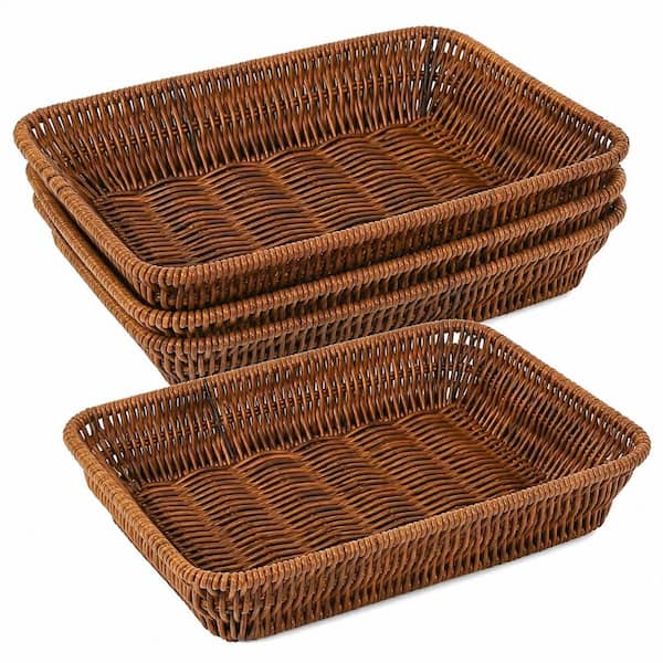 4-Pack Rectangular Wicker Bread Baskets, Handwoven PP Stackable Serving Trays, 10.8 x 8 x 2.4 in., Brown