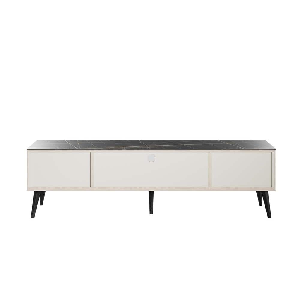 Haley 70.9" White and Black Marble TV Stand with Cabinet