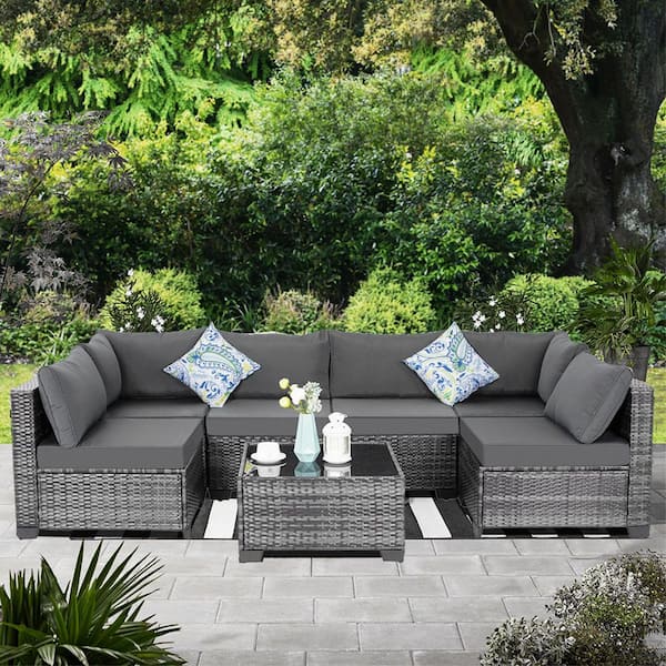 Unbranded 7-Piece Wicker Outdoor Patio Sectional Sofa, All-Weather PE Rattan Conversation Set with Gray Cushions and Coffee Table