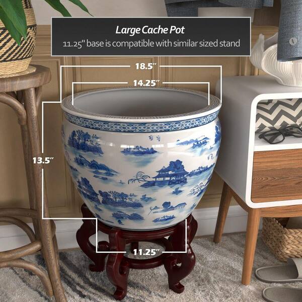Red Lantern 18 in. Porcelain Fishbowl Blue and White Landscape BW