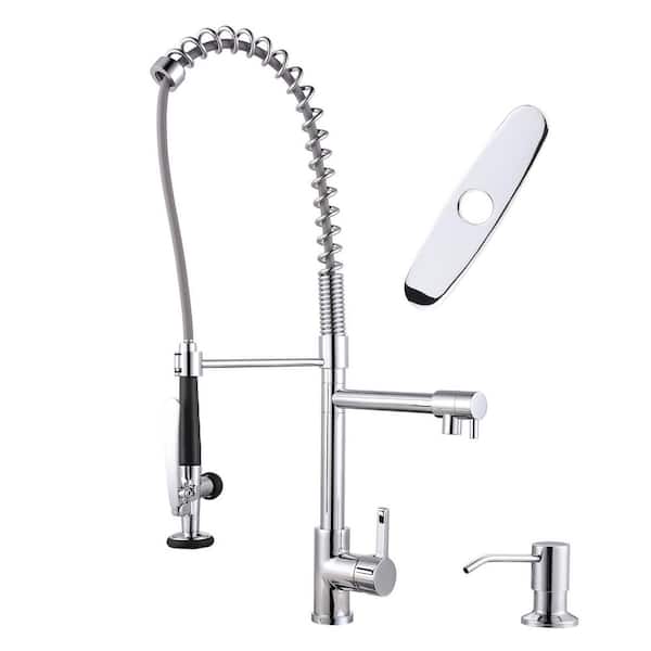 28.7 in. Single Handle Spring Pull Down Sprayer Kitchen Faucet with 360° Swivel Spout and Soap Dispenser in Chrome