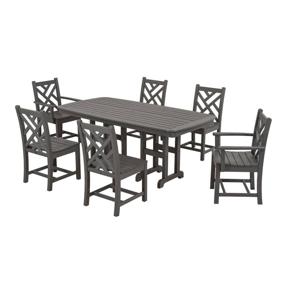 POLYWOOD Chippendale Slate Grey 7-Piece Plastic Outdoor Patio Dining Set -  PWS121-1-GY