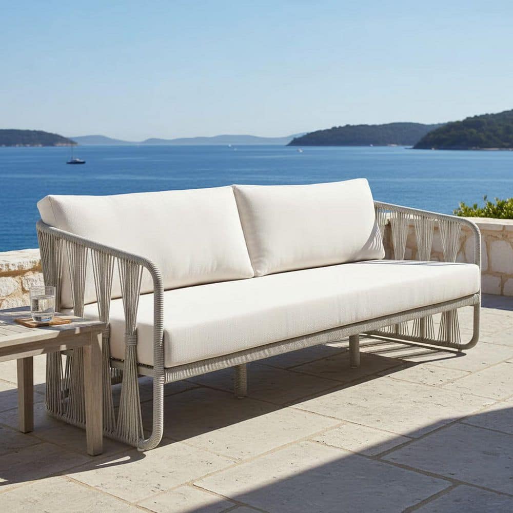 Breeze Cream Finish Aluminum 78 in. Outdoor Sofa with Pearl Cushions