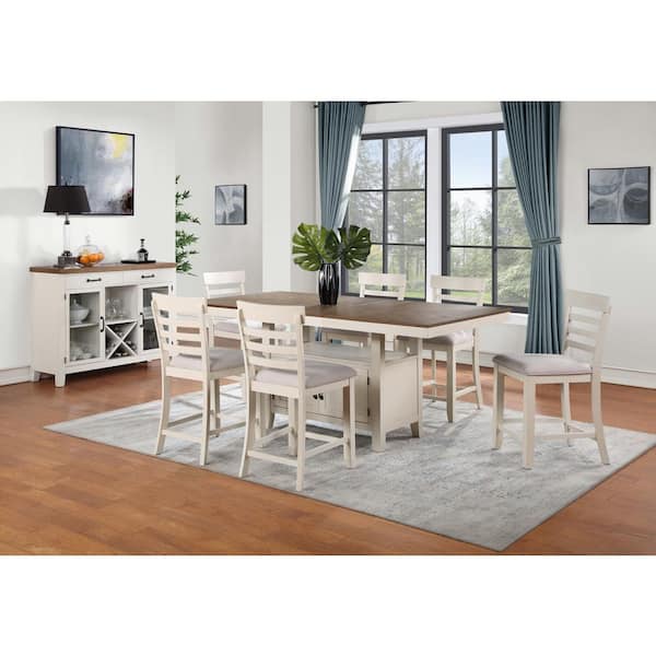 Steve Silver Hyland White and Walnut Brown Rectangle Wood 60 in. Dining Set 6-Piece with 4-Upholstered Chairs, 1 Bench and 20 in Leaf
