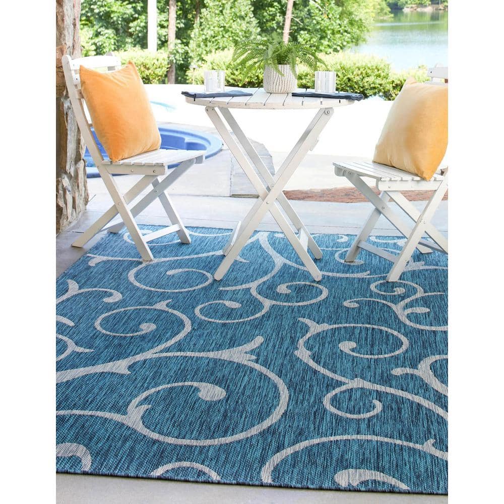 Teal Blue Synthetic 9' x 12' Easy-Care Outdoor Area Rug