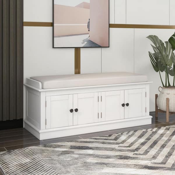 Qualler White Storage Bench with 4-Doors and Adjustable Shelves 17
