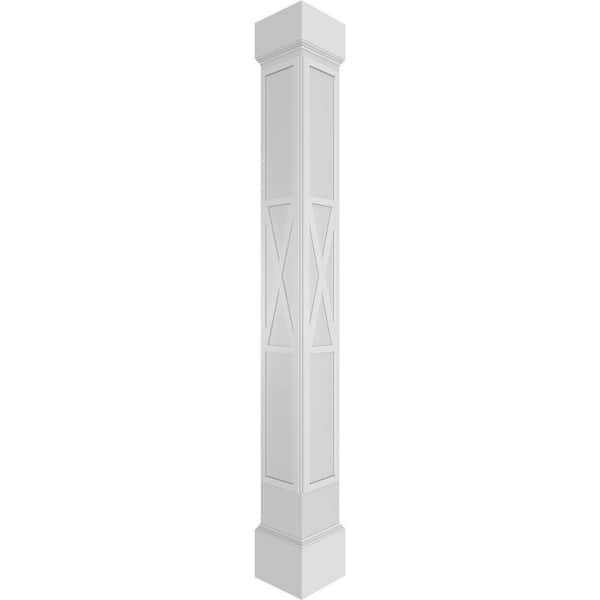 Ekena Millwork 7-5/8 in. x 9 ft. Premium Square Non-Tapered X-Board Farmhouse Fretwork PVC Column Wrap Kit w/Mission Capital and Base