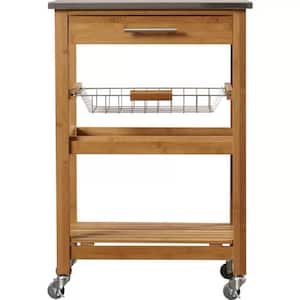 Aya Bamboo Natural Finish Kitchen Cart with Stainless Steel Top