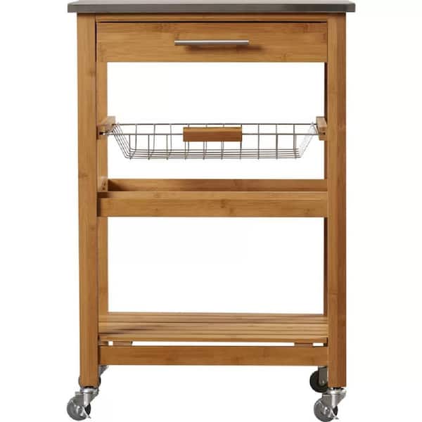 Boraam Aya Bamboo Natural Finish Kitchen Cart with Stainless Steel Top