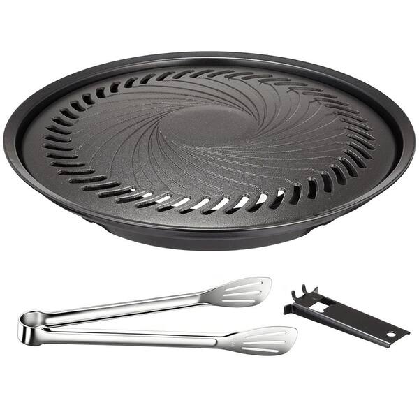 Korean-Style Smokeless Outdoor BBQ Grill Pan 13.6 in Aluminum Non-Stick with Oil Drain and Stainless Steel Tongs