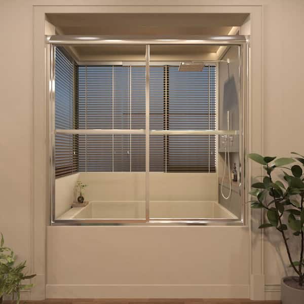59 in. W x 56 in. H Sliding Framed Tub/Shower Door in Chrome with Clear Glass and Handles