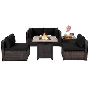 6-Pieces Wicker Patio Conversation Set With 30 in. Gas Fire Pit Table 50,000 BTU Black Cushions