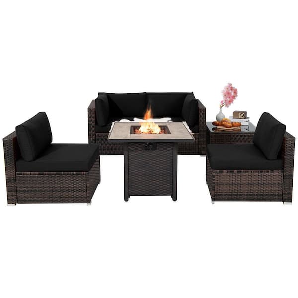 HONEY JOY 6-Pieces Wicker Patio Conversation Set With 30 in. Gas Fire Pit Table 50,000 BTU Black Cushions