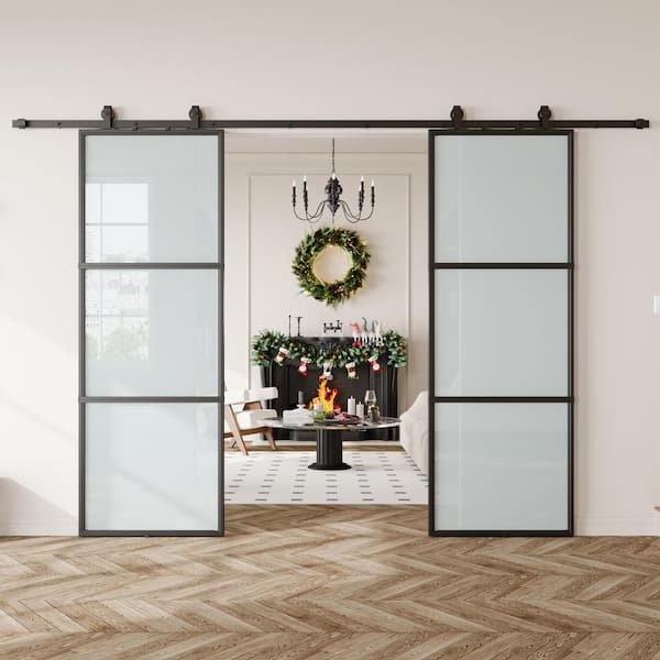 64 in. x 84 in. (Double 32 in doors) 3 Lite Frosted Glass Black Metal Frame Interior Sliding Barn Door with Hardware kit