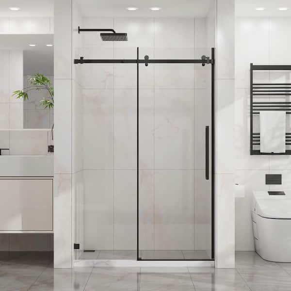 48 in. W x 72 in. H Sliding Frameless Shower Door in Matte Black with Clear Glass with Stainless Steel Hardware
