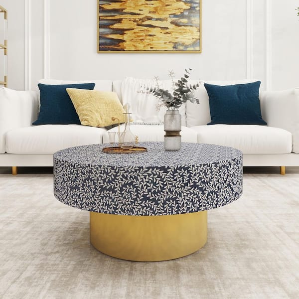 Beautifully Handcrafted Antique 32 in. Mother of Pearl Black Round MDF Top Metal Storage Coffee Table with 2 Drawers