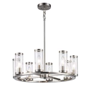 Loveland 8-Light Brushed Nickel Wagon Wheel Chandelier Light Fixture with Clear Glass Shades