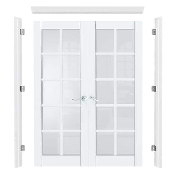 48 in. x 80 in. 10 Lite Frosted Glass Universal White Primed Double Prehung French Door w/ Quick Assemble Jamb, Handle