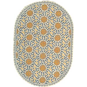 Chelsea Ivory/Blue 5 ft. x 7 ft. Oval Floral Circles Border Area Rug