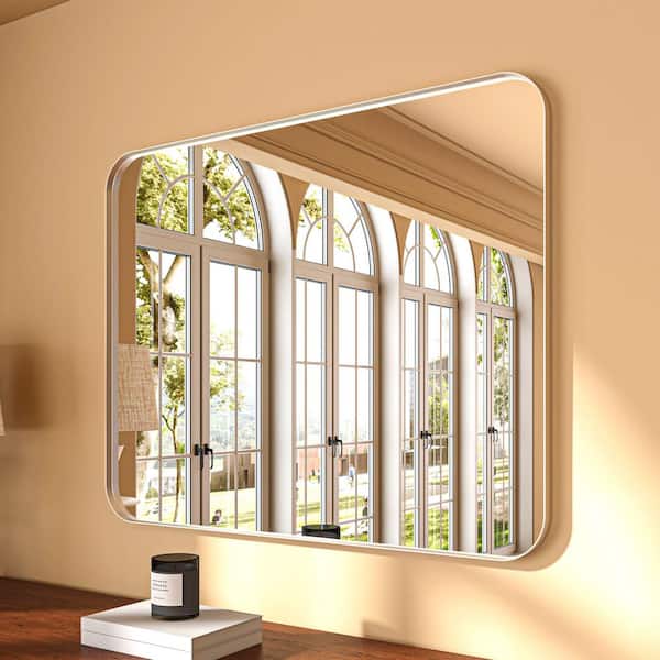 40 in. W x 36 in. H Rectangular Aluminum Framed Modern Silver Rounded Wall Mirror