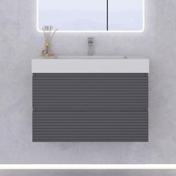 JimsMaison 30 in. W x 20 in. D x 23 in. H Single Sink Wall-Mounted Bath Vanity in Grey with White Acrylic Top