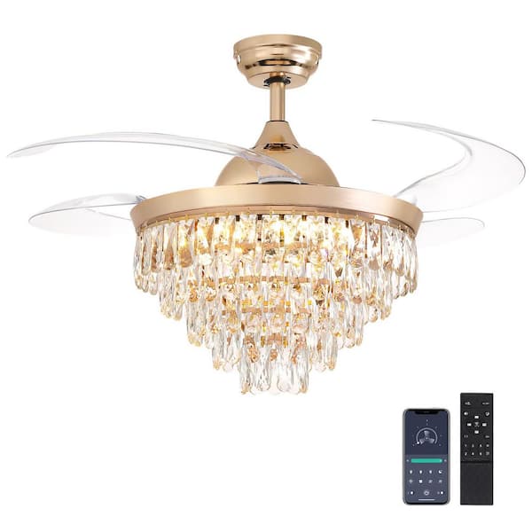 48 in. Modern Indoor Gold Retractable Crystal Ceiling Fan with light and Remote, Chandelier Ceiling fan Downrod Mount