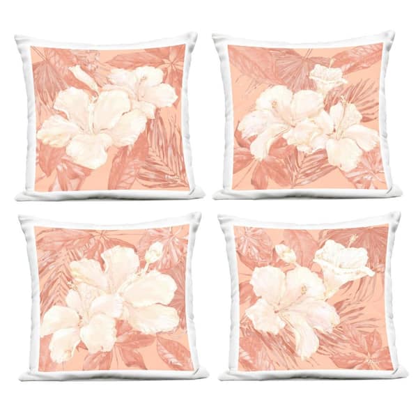 Peach Hibiscus Flowers Pink Square Outdoor Throw Pillow (4-Pack)