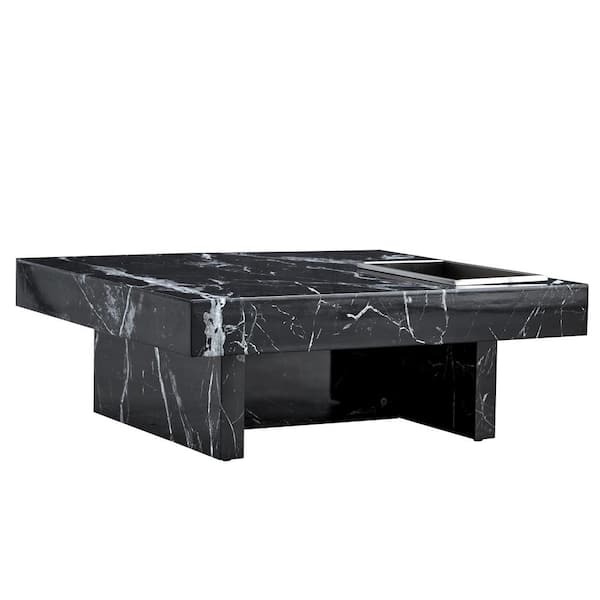 31.4 in. Square Faux Marble Top Coffee Table with Storage for Living Room, Black