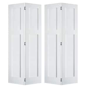 60 in. x 80 in. Craftsman Shaker 2-Panel Solid Core Primed MDF Wood Interior Bifold Double Door with Hardware