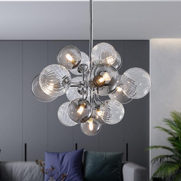 HUOKU Tauvy 8-Light Polished Chrome Bubble Sputnik Cluster Tiered Chandelier with Smoky Glass and Twisted Glass Shadeds